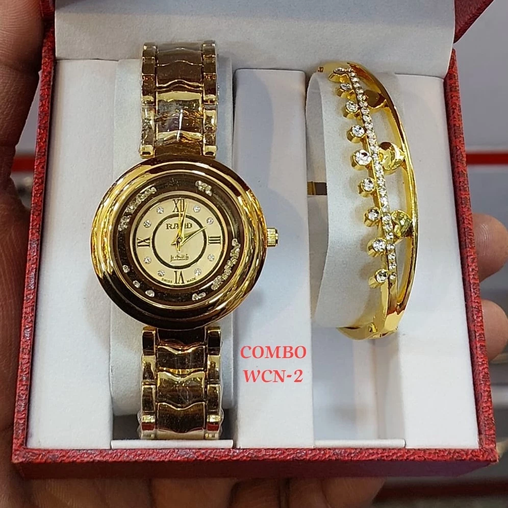 COMBO WCN-2 | RADO LADIES GOLDEN DIAL WATCH & THREE HEARTS BRACELET SET